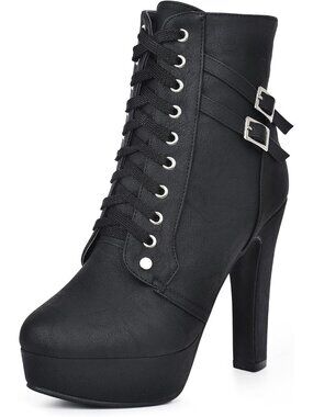 Women's Black Platform Boot Heels Round Toe Lace UP High Heels Mid Calf Boots
